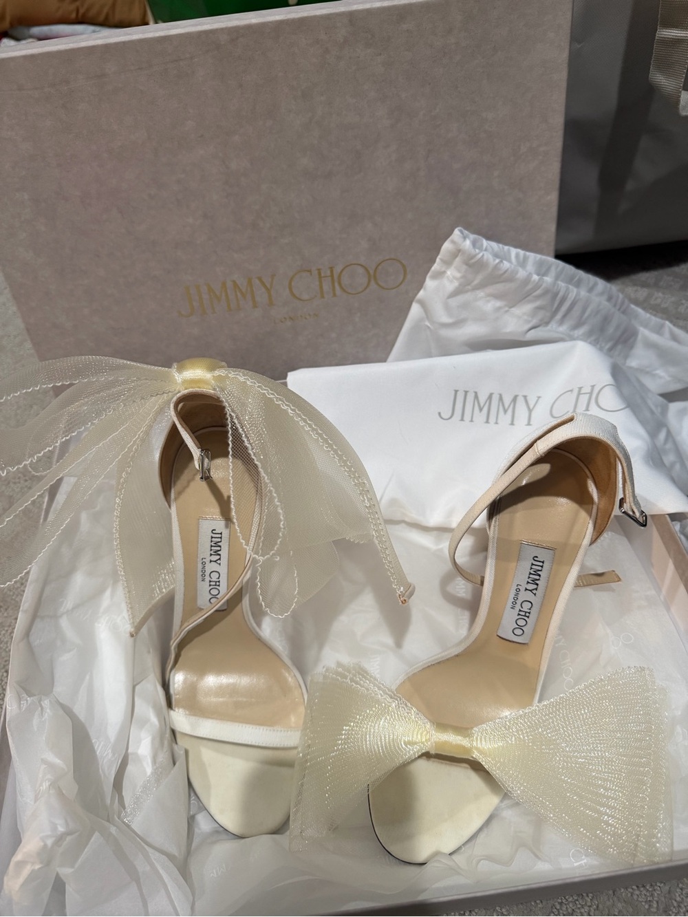 Jimmy Choo Ivory Satin Bow Ankle-Strap Heels